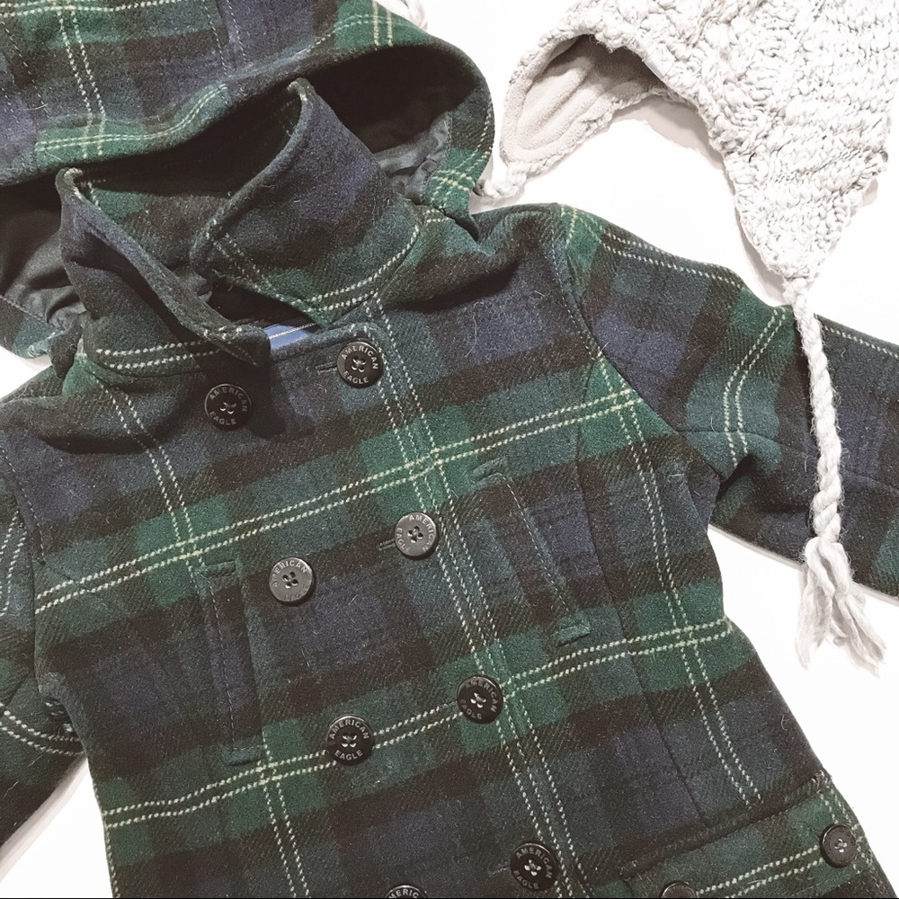 Women’s American Eagle Hooded Plaid Stripe Wool Pea Coat. Blue & Green, Small